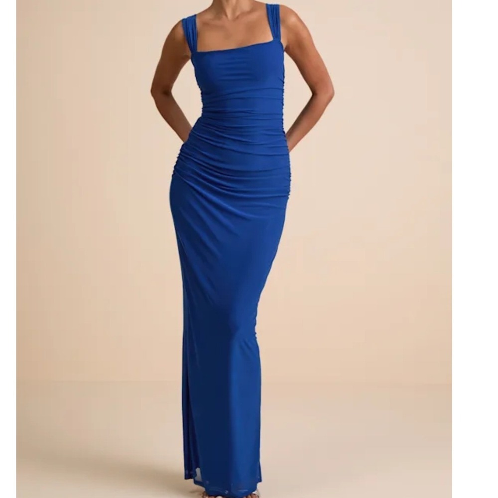 Lulus Amazing Presence Blue Mesh Ruched Column Maxi Dress 2713151‎ Womens M NEW